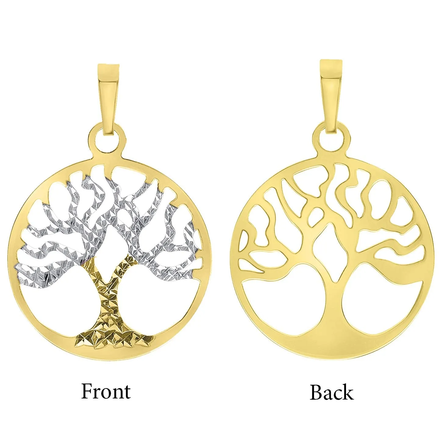 Solid 14k Yellow Gold Textured Reversible Round Tree of Life Pendant Necklace Available with Rolo, Curb, or Figaro Chain