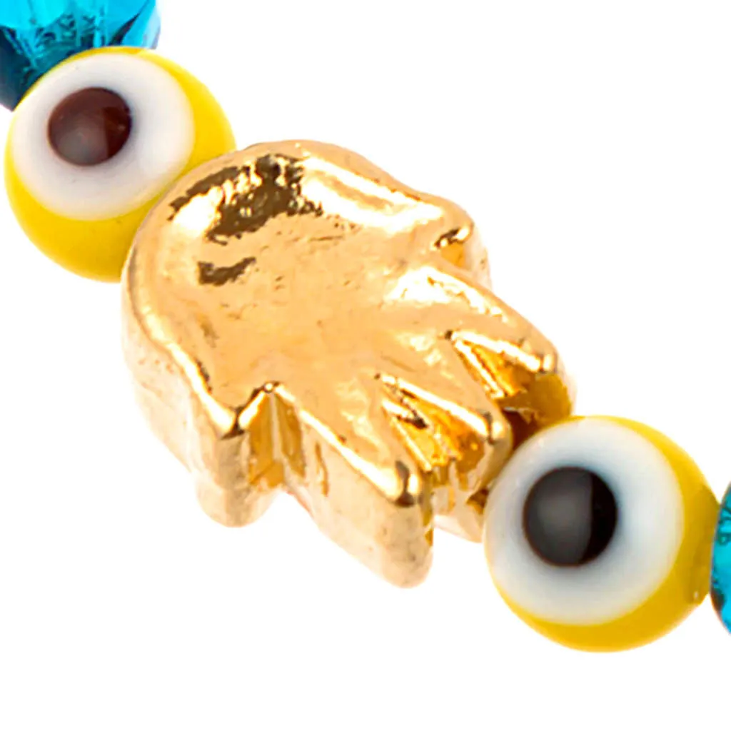 Solid Mini Hamsa Hand Evil Eye Faceted Glass Bead Bracelet