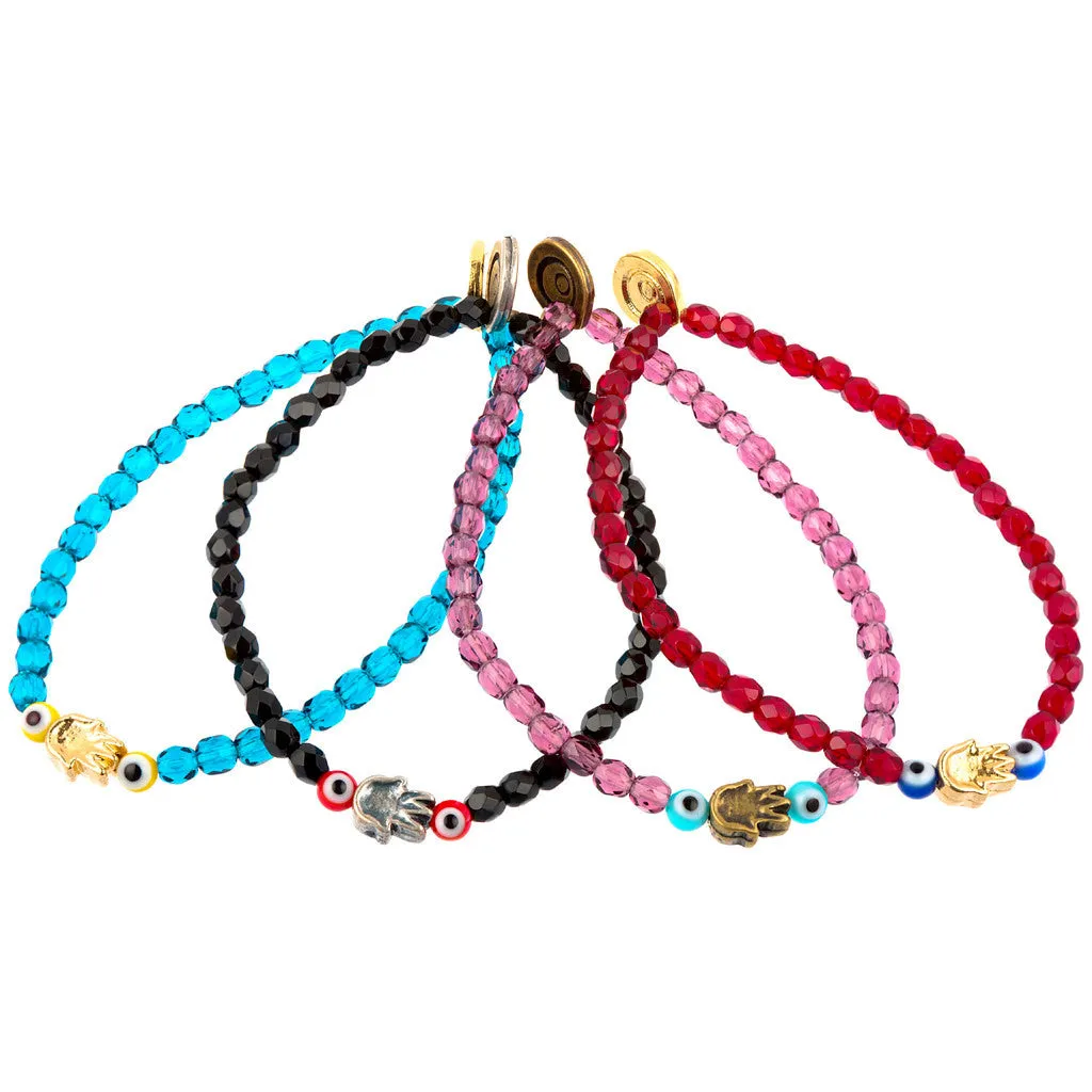 Solid Mini Hamsa Hand Evil Eye Faceted Glass Bead Bracelet