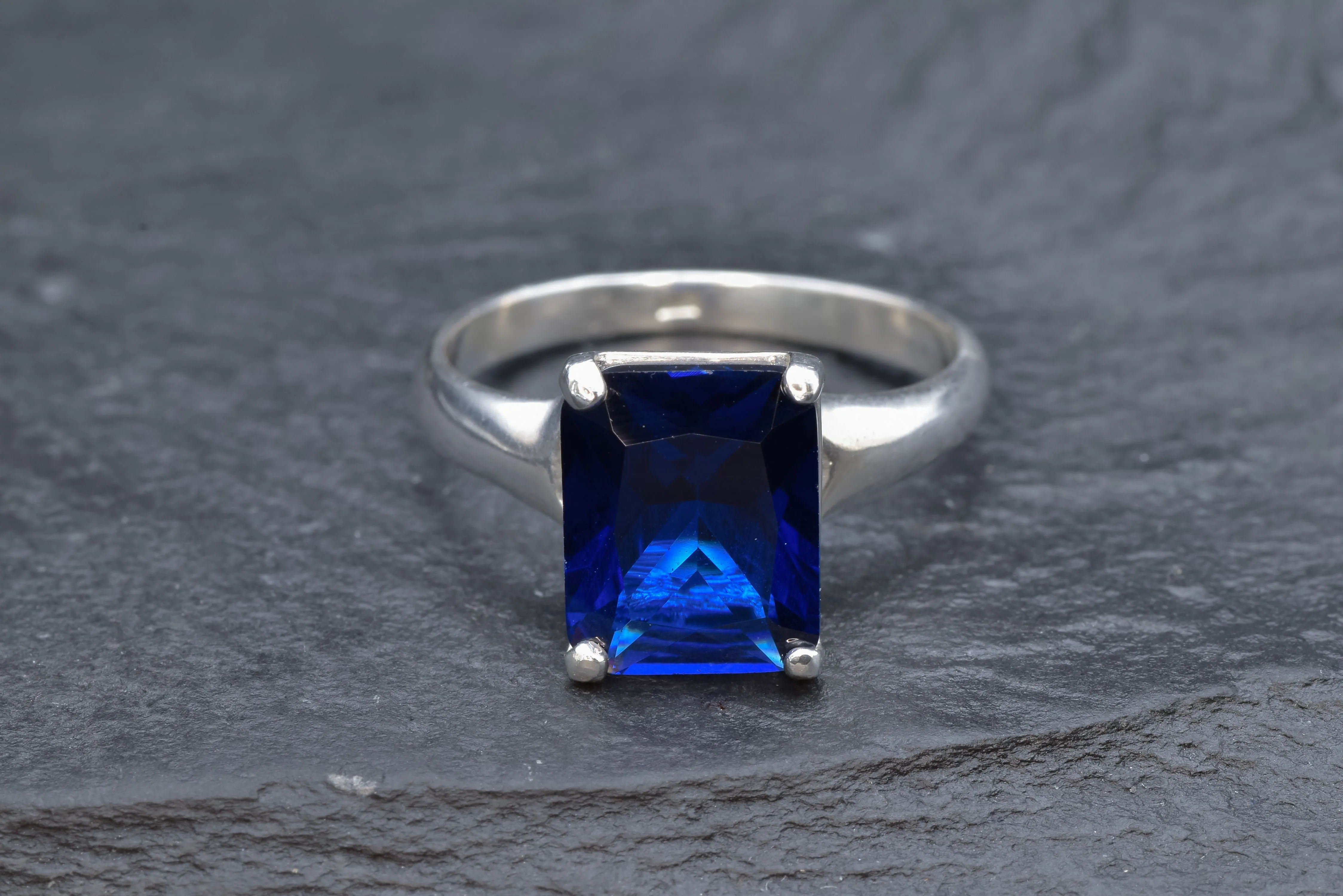 Solitaire Sapphire Ring - Blue Square Ring - Classic Vintage Ring