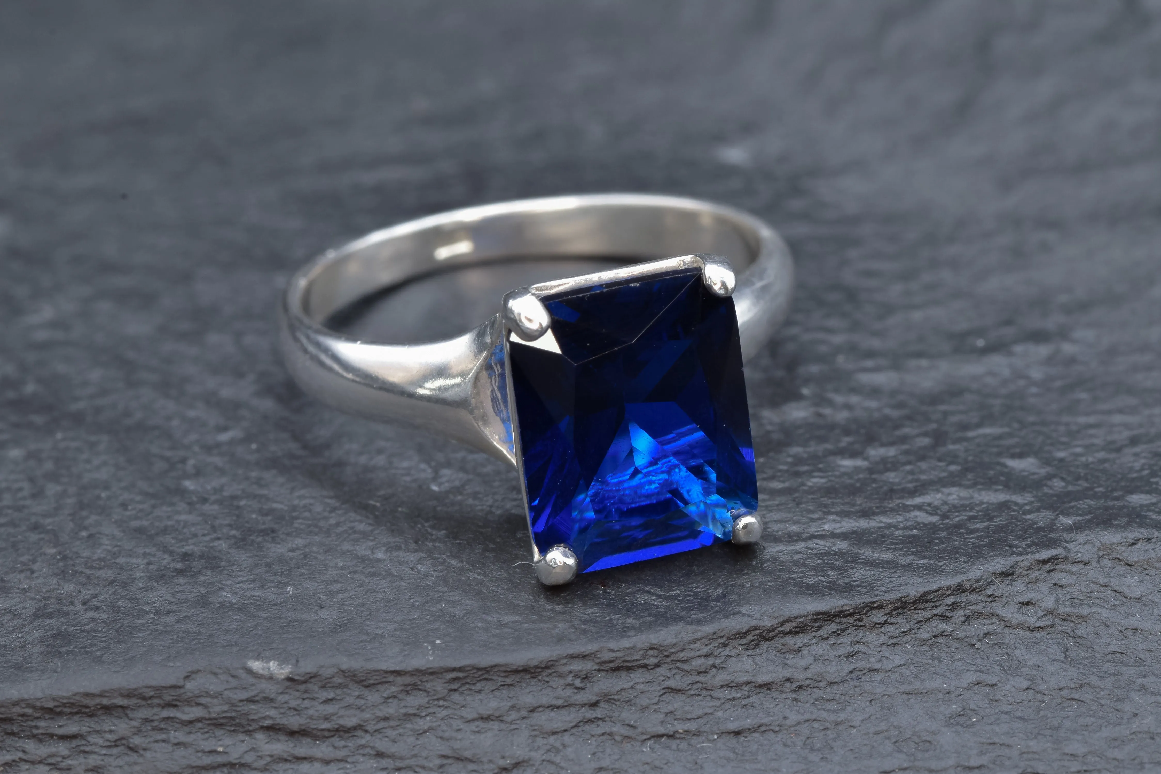 Solitaire Sapphire Ring - Blue Square Ring - Classic Vintage Ring