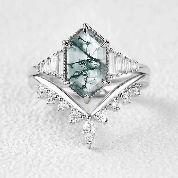 Long Hexagon Moss Agate Elongate Engagement Ring Set 2pcs Refined Finish Subtle Fit