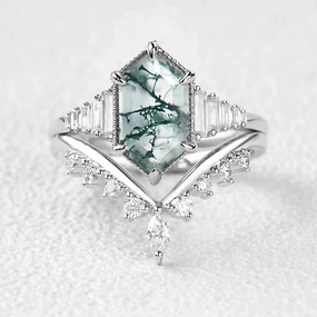 Long Hexagon Moss Agate Elongate Engagement Ring Set 2pcs Luxury Design Pieces