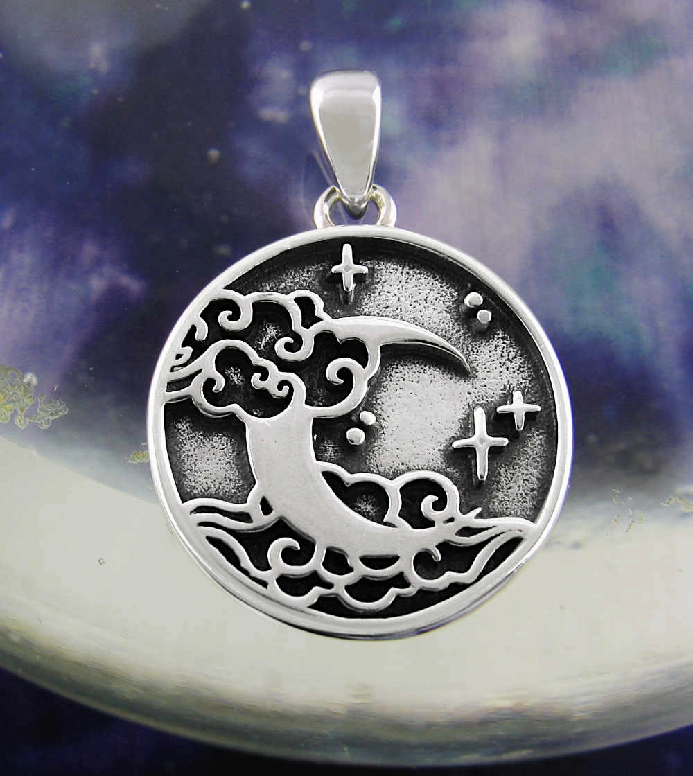 Night Sky With Crescent Moon, Stars and Clouds Pendant, Oxidized Travel Outfit