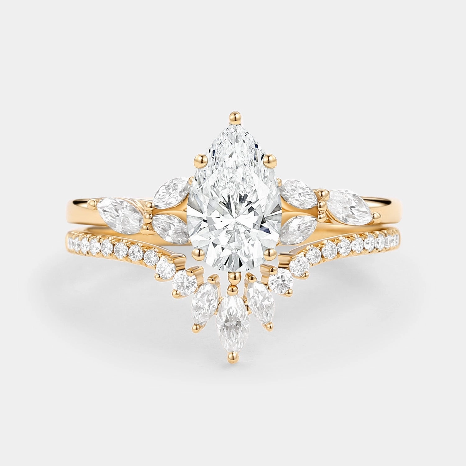 Soft feature Pear Cut Lab Grown Diamond Classic Ring Set 2pcs - July