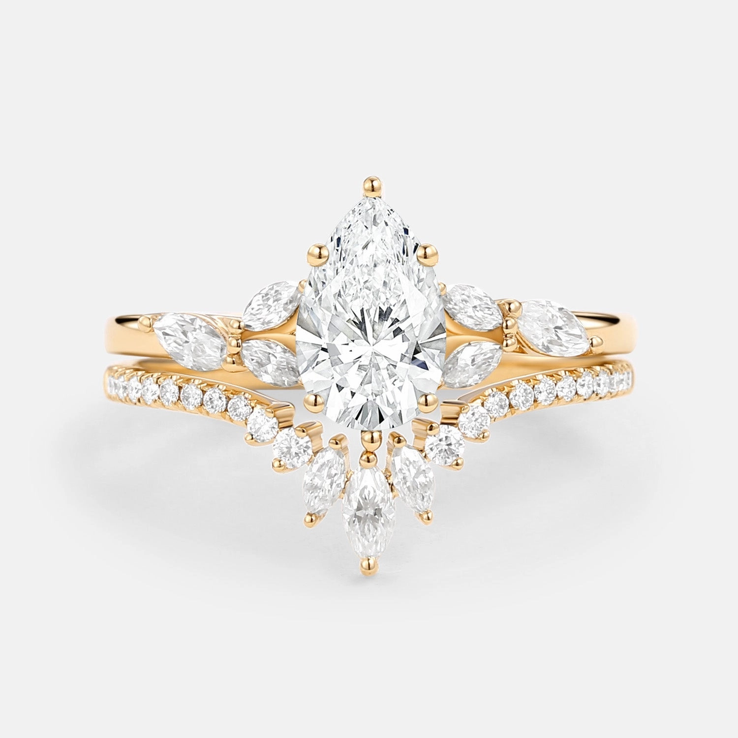 Pear Cut Lab Grown Diamond Classic Ring Set 2pcs - July Timeless Shine Shine Radiant Shine