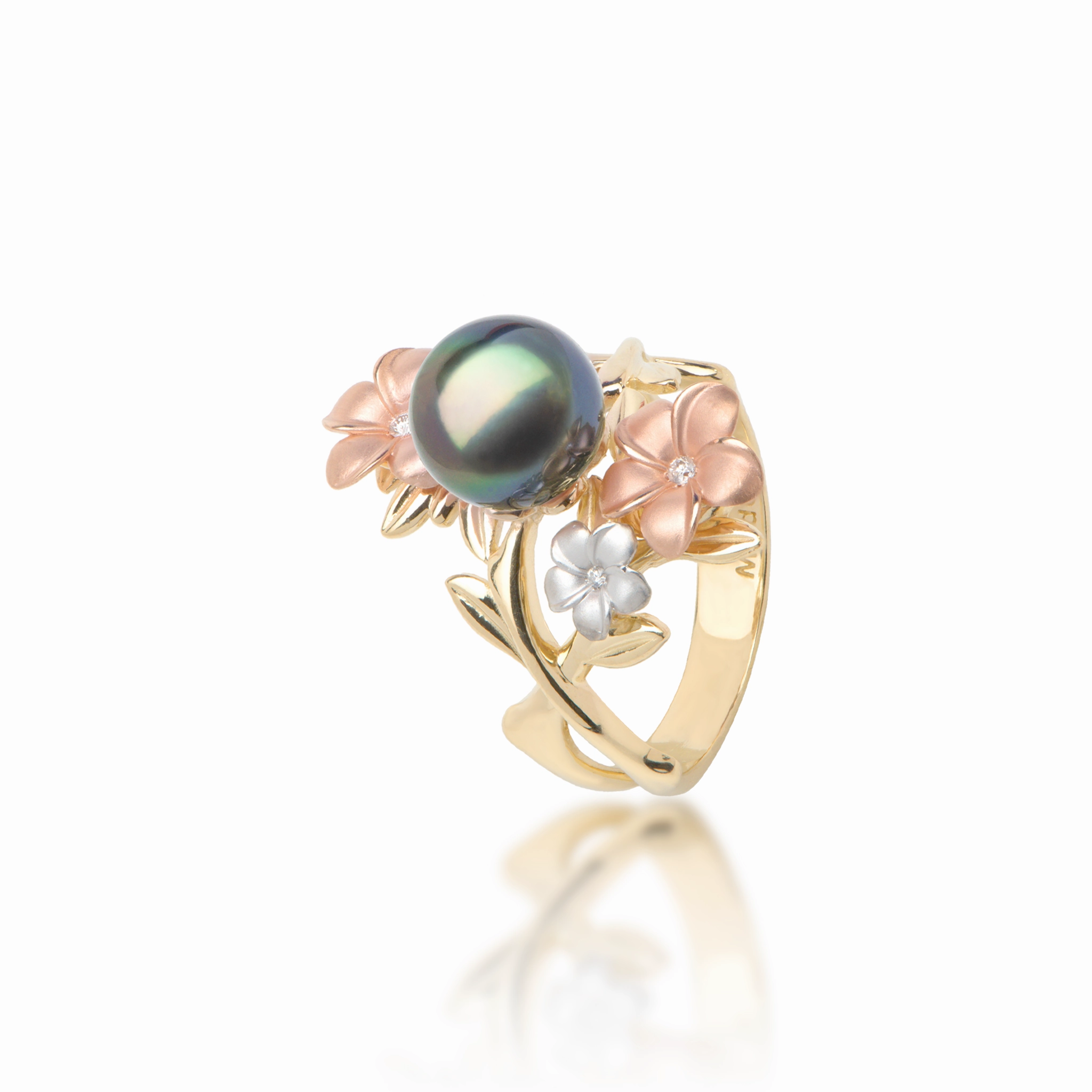 Edgy Light Date Look Pearls in Bloom Plumeria Tahitian Black Pearl Ring in Tri Color Gold with Diamonds - 22mm