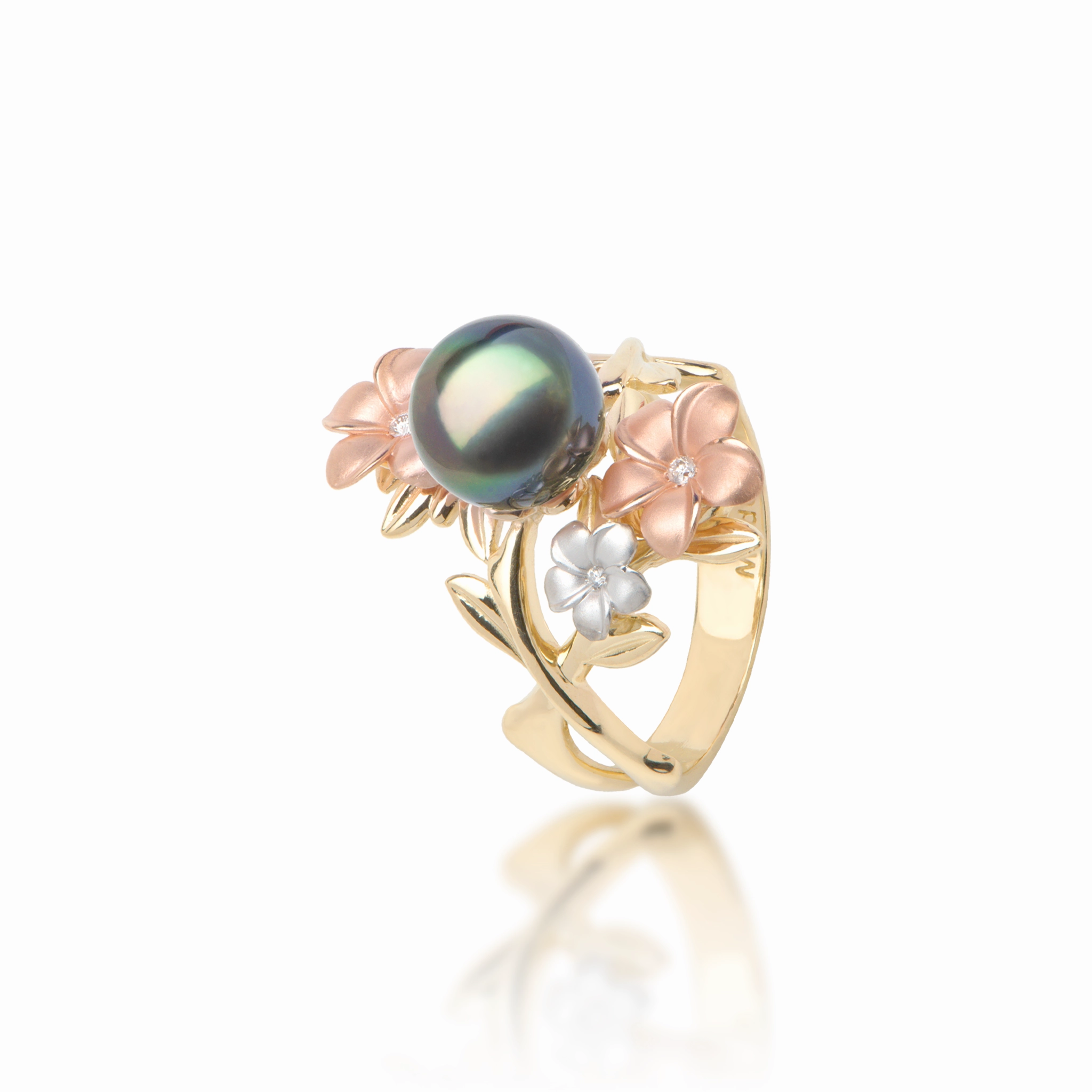 Pearls in Bloom Plumeria Tahitian Black Pearl Ring in Tri Color Gold with Diamonds - 22mm Lustrous Accent