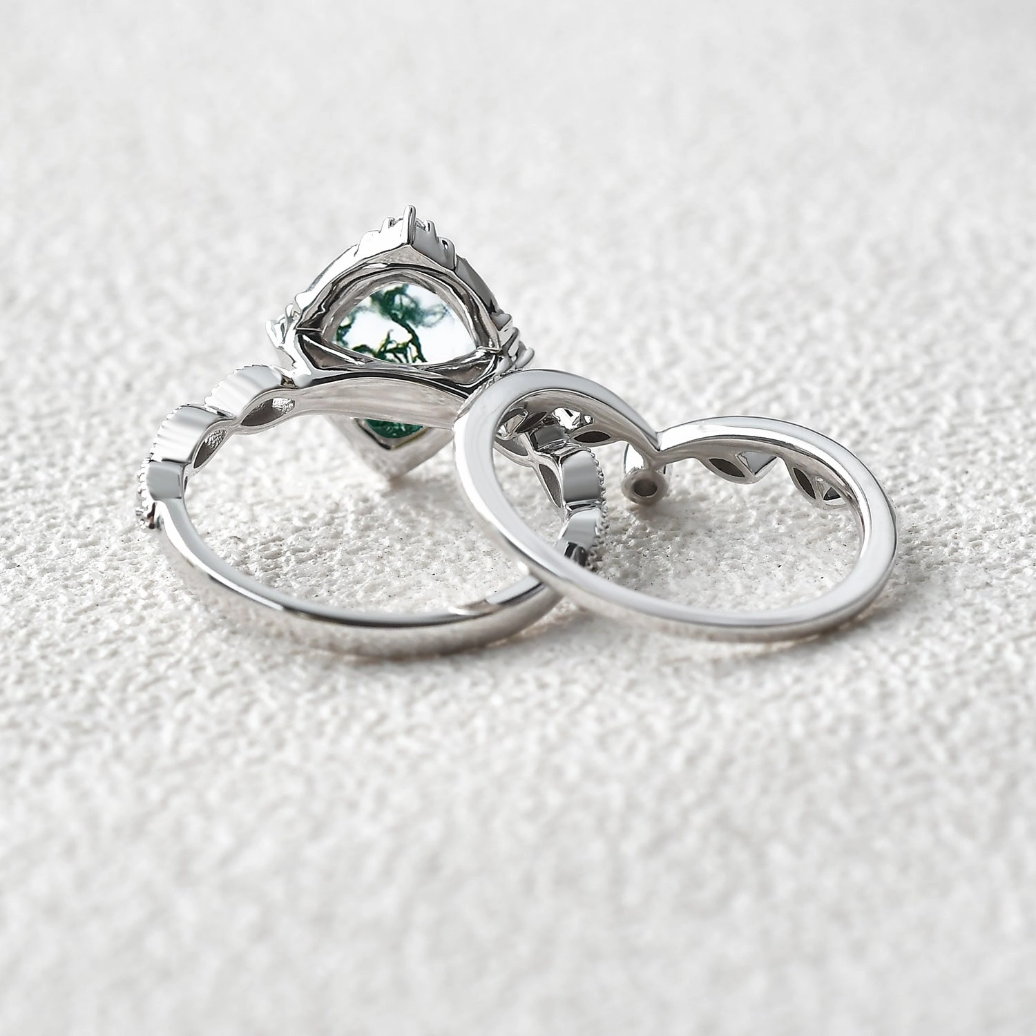 Oval Moss Agate & Moissanite Floral Ring Set 2pcs Morning Light Evening Set