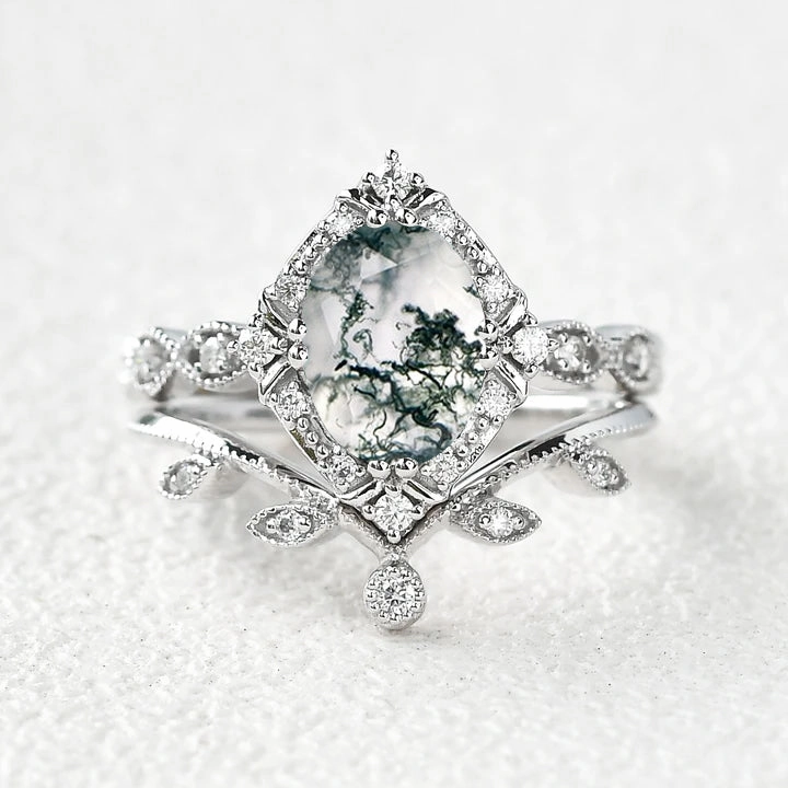 Fashion Collection Oval Moss Agate & Moissanite Floral Ring Set 2pcs