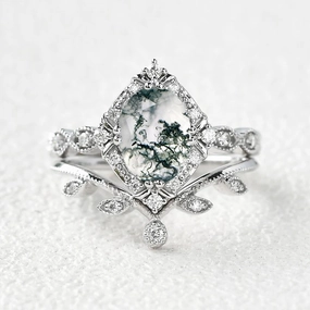 Fashion Collection Oval Moss Agate & Moissanite Floral Ring Set 2pcs