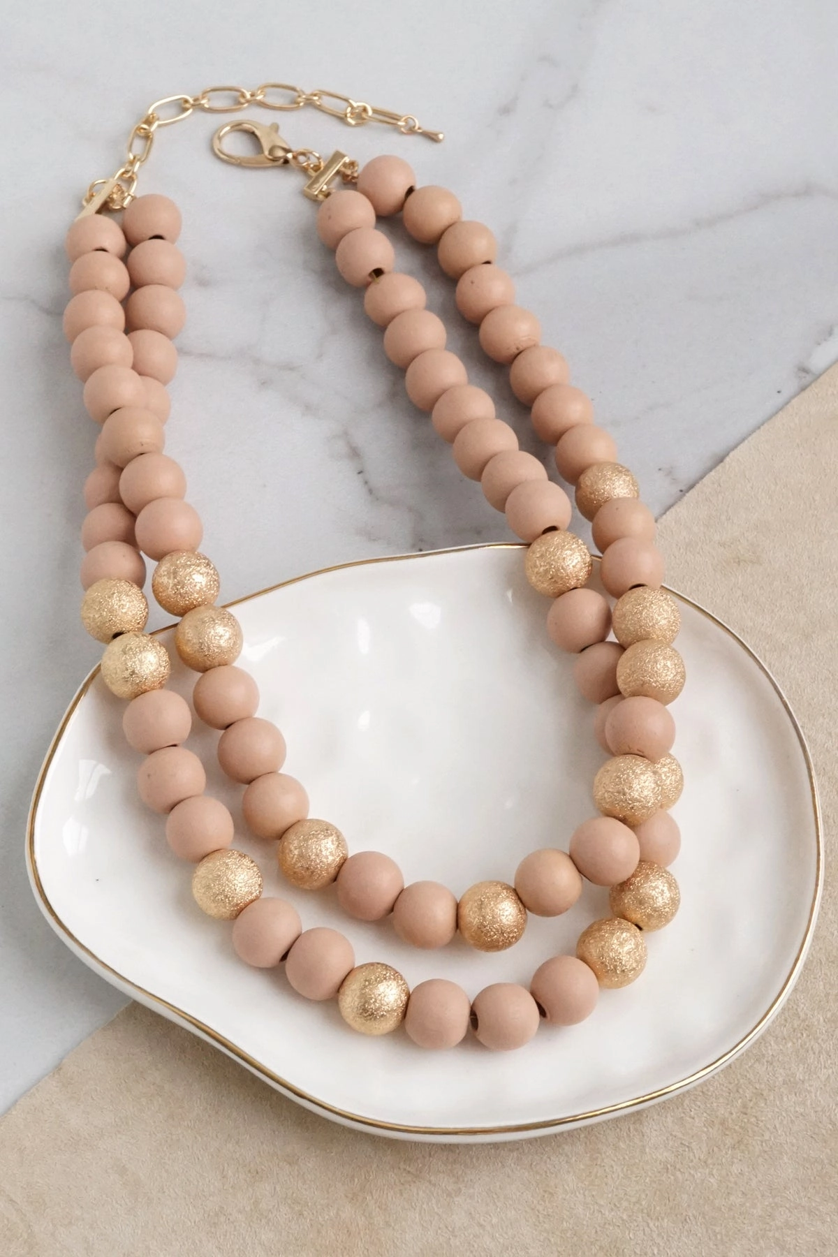 Ideal Ornament Multi Strand Wooden Beads Short Statement Necklace in Nude Peach Pink and Gold