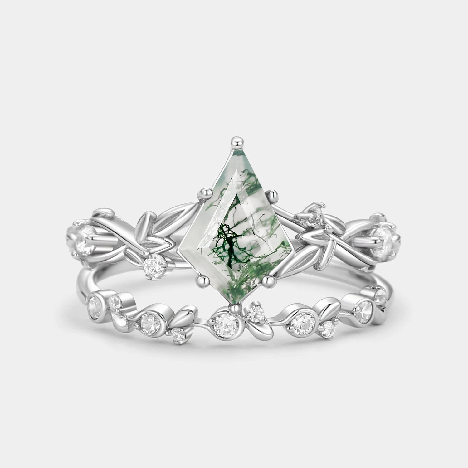 Distinctive Touch Fashionable Detail Leafy Kite Cut Moss Agate Engagement Ring & Straight Band Sets 2pcs