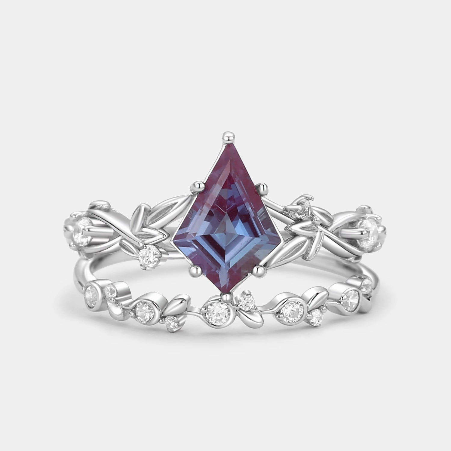 Statement Touch Leafy Kite Cut Moss Agate Engagement Ring & Straight Band Sets 2pcs