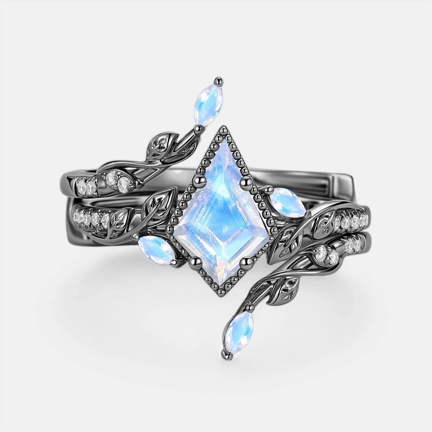 Leafy Vintage Kite Cut Moonstone Cage Engagement Ring Set 2pcs - Breeze Shining Edge Handcrafted Touch