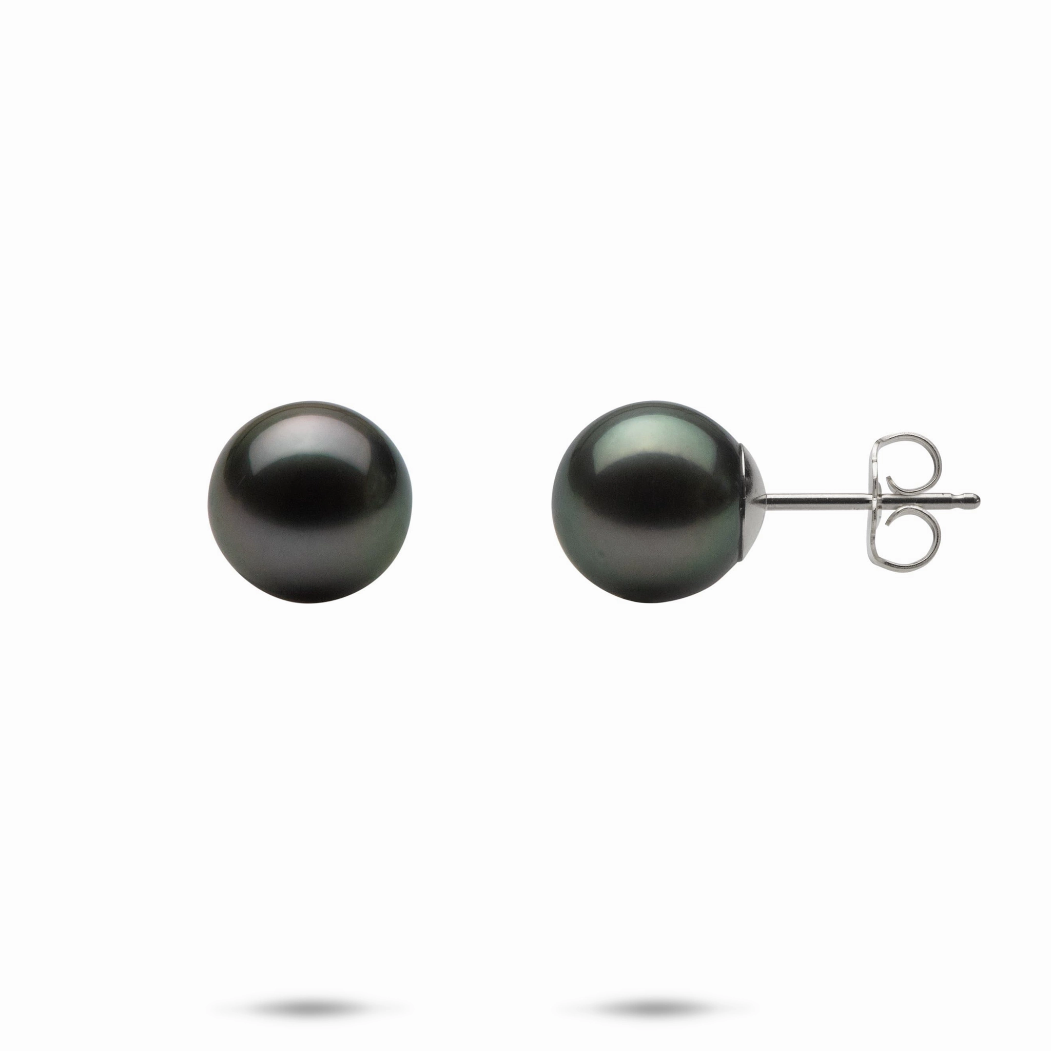 Tahitian Black Pearl Earrings in White Gold - 9-10mm Elegant Features Graceful Touch