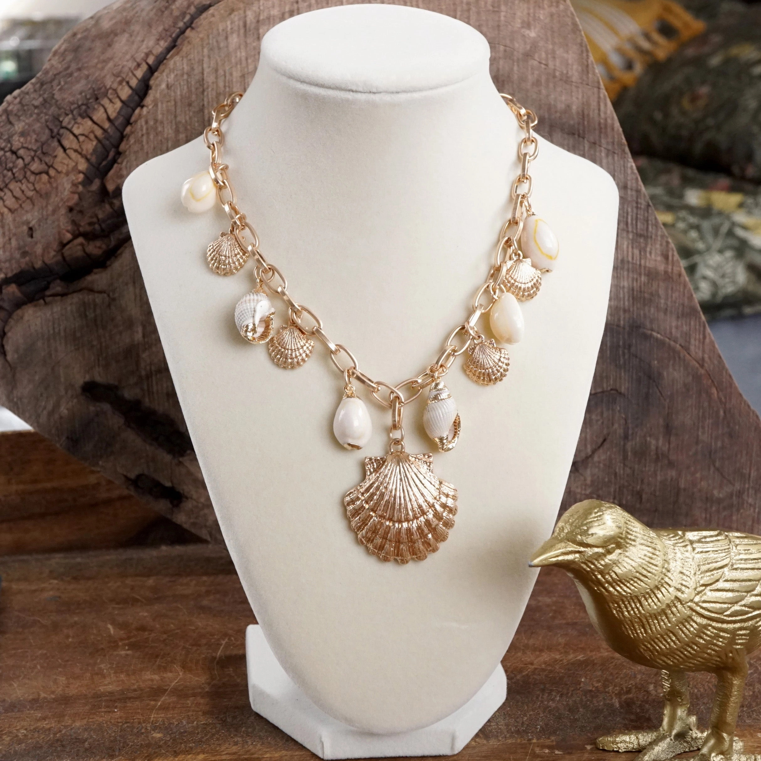 Multi-Charm Sea Life Statement Necklace with Shells and Golden Charms Stylish Design Student Gift