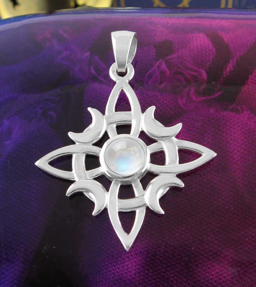 Mother??s Accent Witch's Knot Pendant With Gemstone Cabochon & Four Crescent Moons