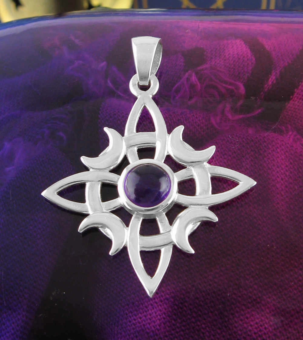 Value Design Mindful Item Witch's Knot Pendant With Gemstone Cabochon & Four Crescent Moons