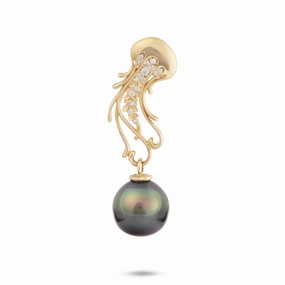 Vibrant Edge Bold Moment Ocean Dance Jellyfish Tahitian Black Pearl Pendant in Gold with Diamonds - 9-10mm