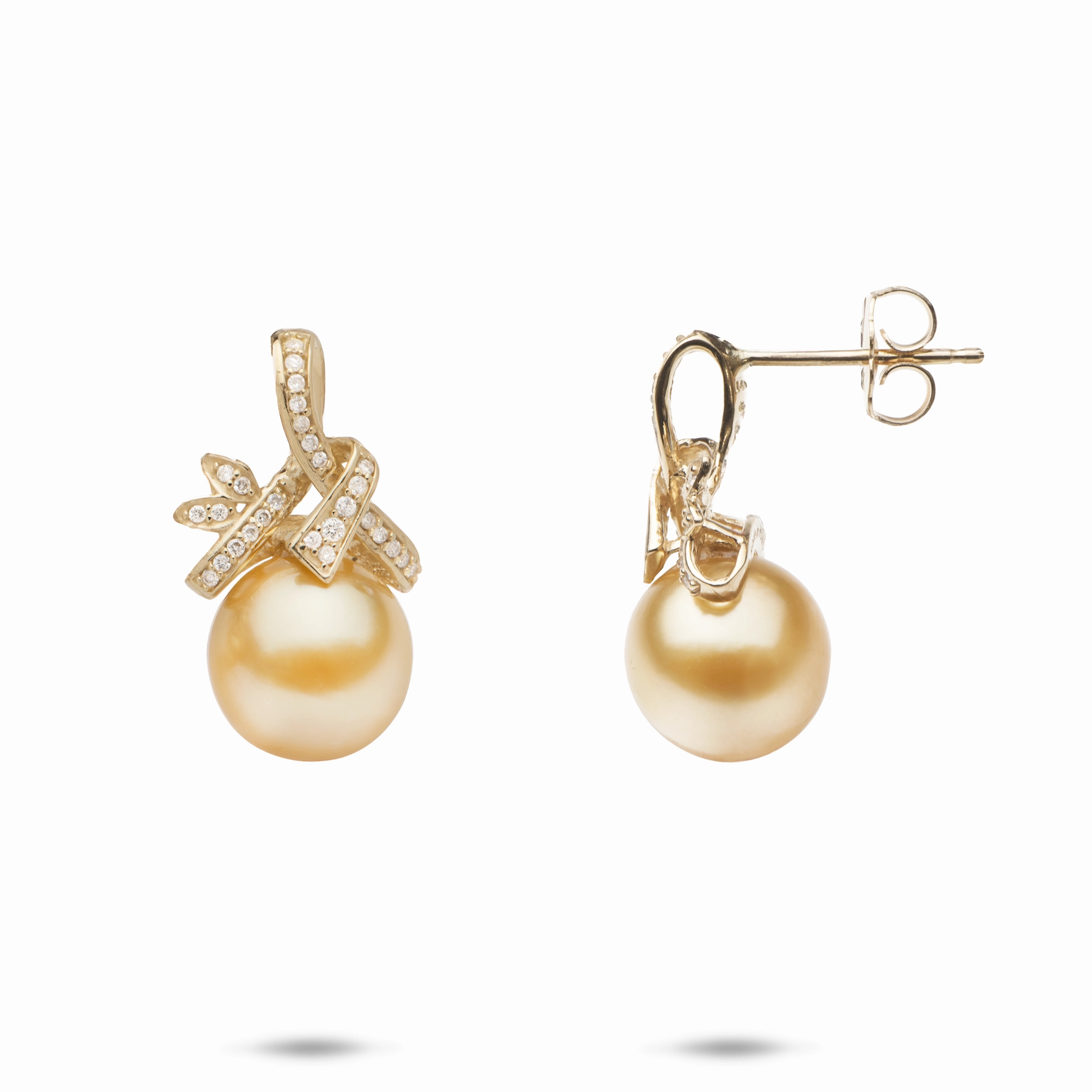 Flawless Radiance South Sea Gold Pearl Earrings in Gold with Diamonds - 9-10mm