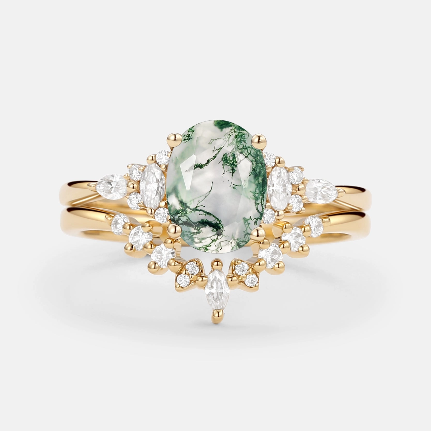 Timeless Glam Oval Cut Moss Agate Classic Cluster Gold Ring Set 2pcs - Freya