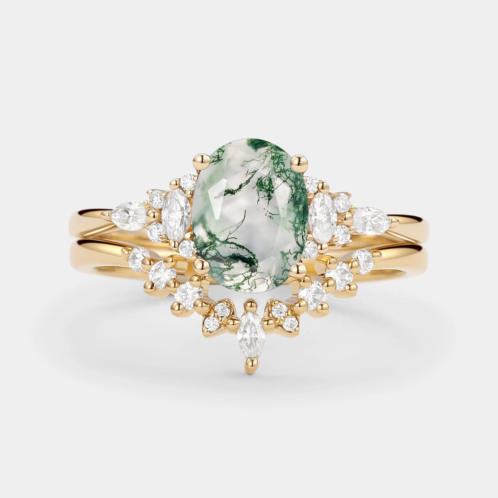 Oval Cut Moss Agate Classic Cluster Gold Ring Set 2pcs - Freya Chic Finish Stylish Look