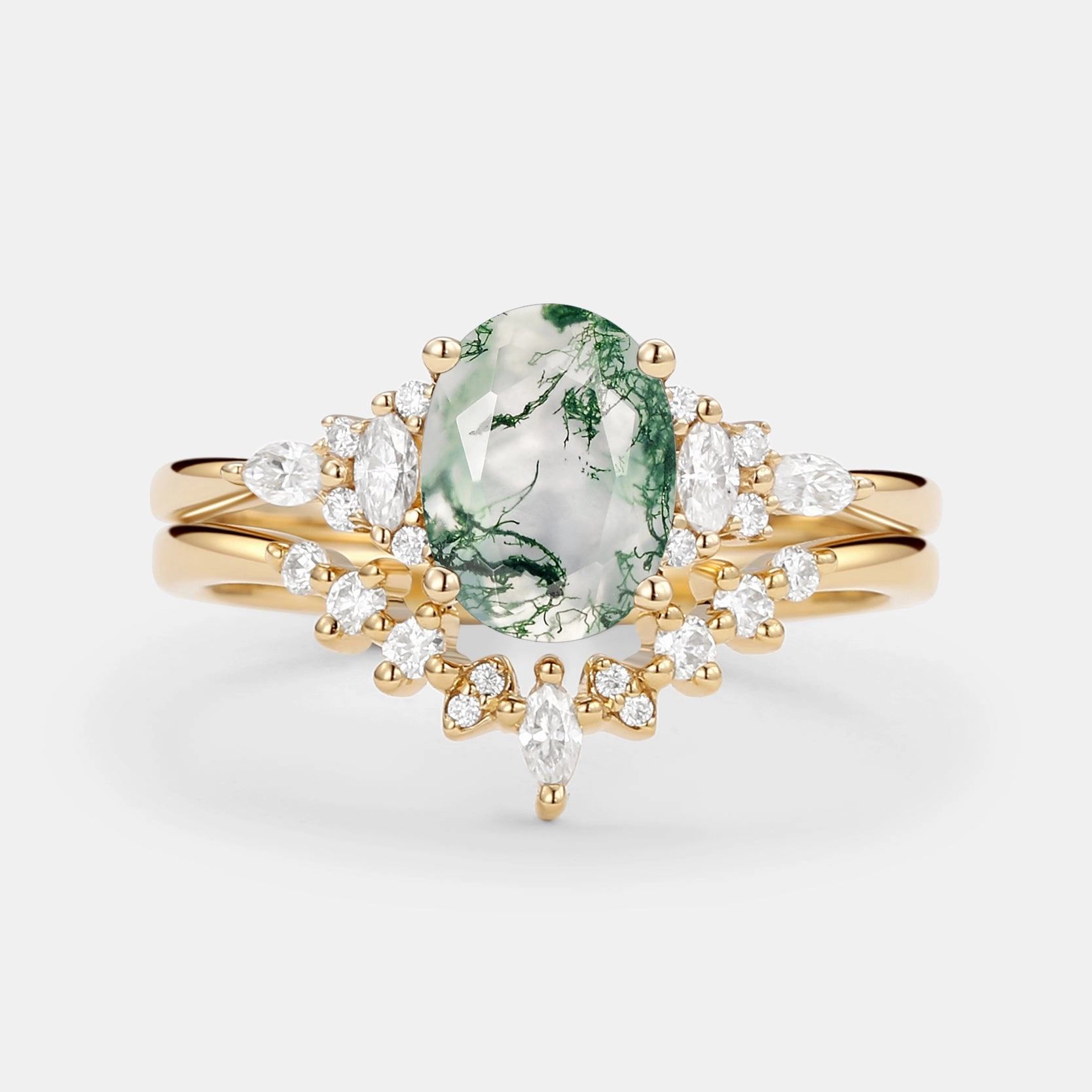 Oval Cut Moss Agate Classic Cluster Gold Ring Set 2pcs - Freya Timeless Spark