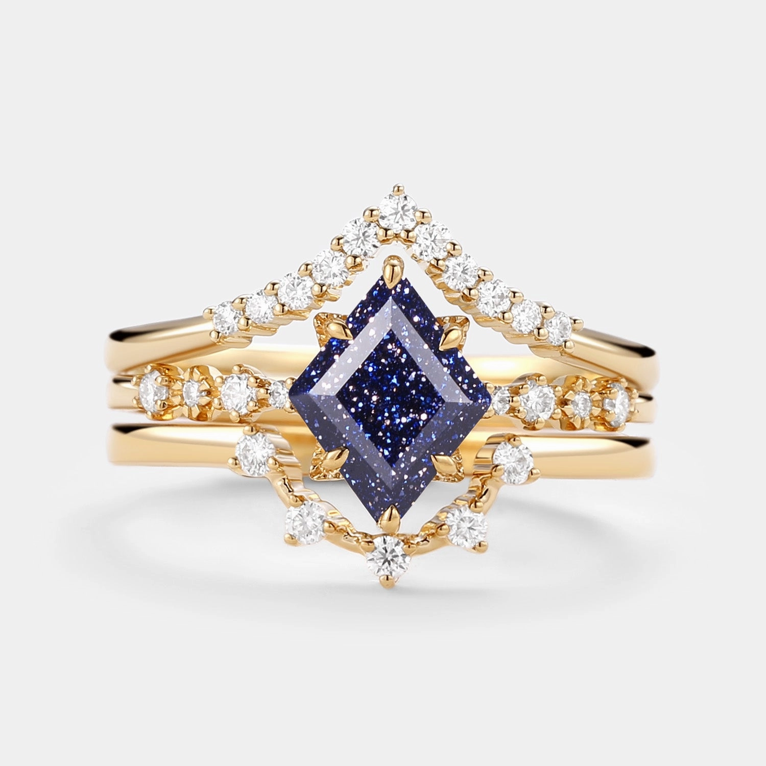 Blue Sandstone & Moissanite Ring Set 3pcs - Violet Neutral Vibe