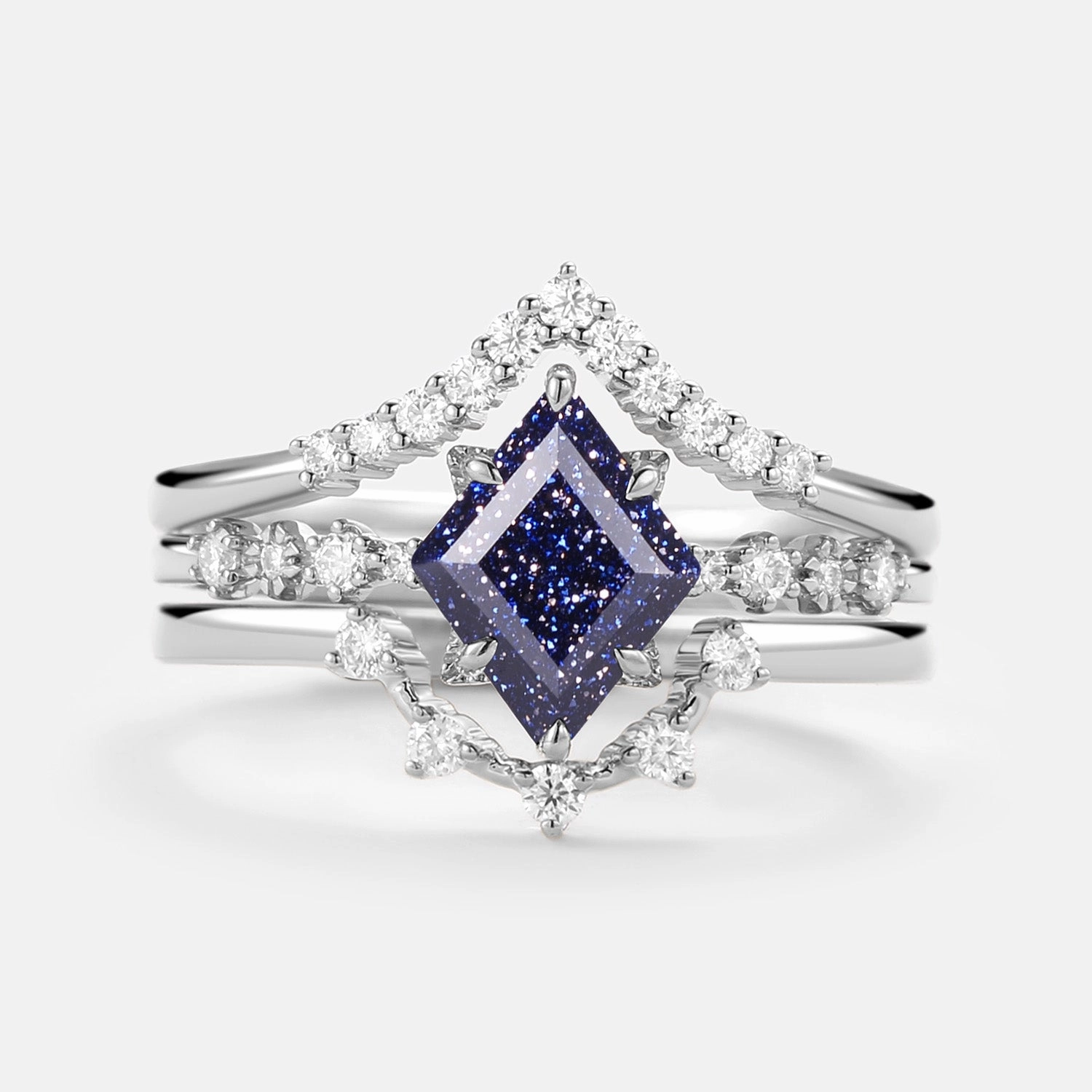 Blue Sandstone & Moissanite Ring Set 3pcs - Violet Daytime Sparkle Captivating Form