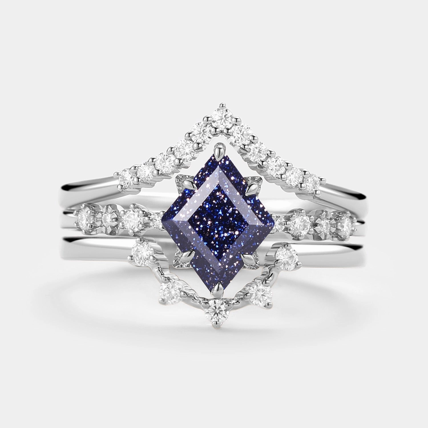 Blue Sandstone & Moissanite Ring Set 3pcs - Violet Shiny Craft Dinner Party