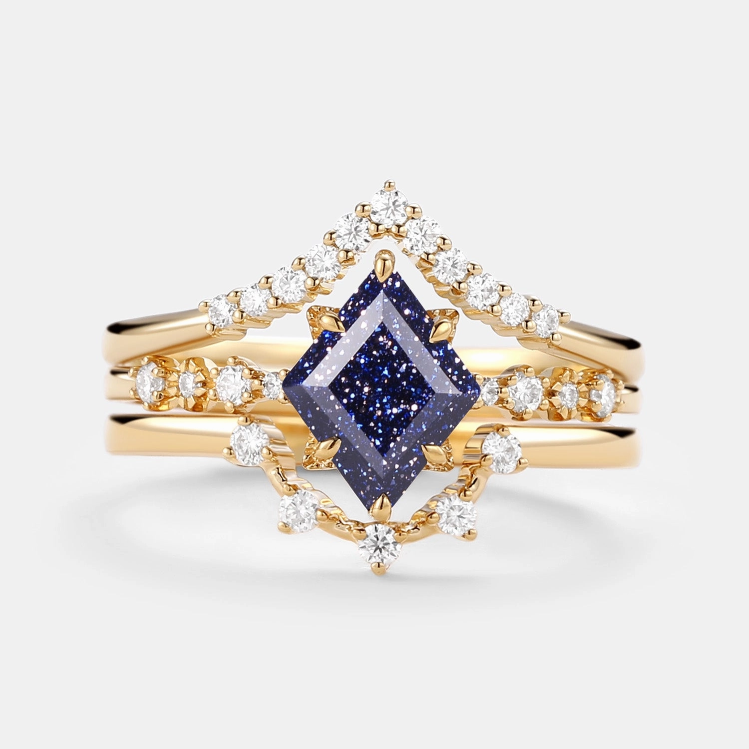 Glamorous look Glow Mood Blue Sandstone & Moissanite Ring Set 3pcs - Violet