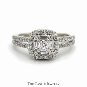 Romantic Occasion 1cttw Round & Baguette Diamond Cluster Ring with Diamond Halo and Accented Split Shank Sides in 14k White Gold