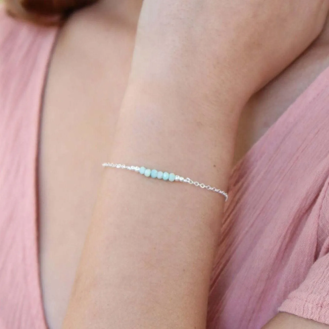 Sparkling Green Amazonite Gemstone Faceted Bead Bar Bracelet