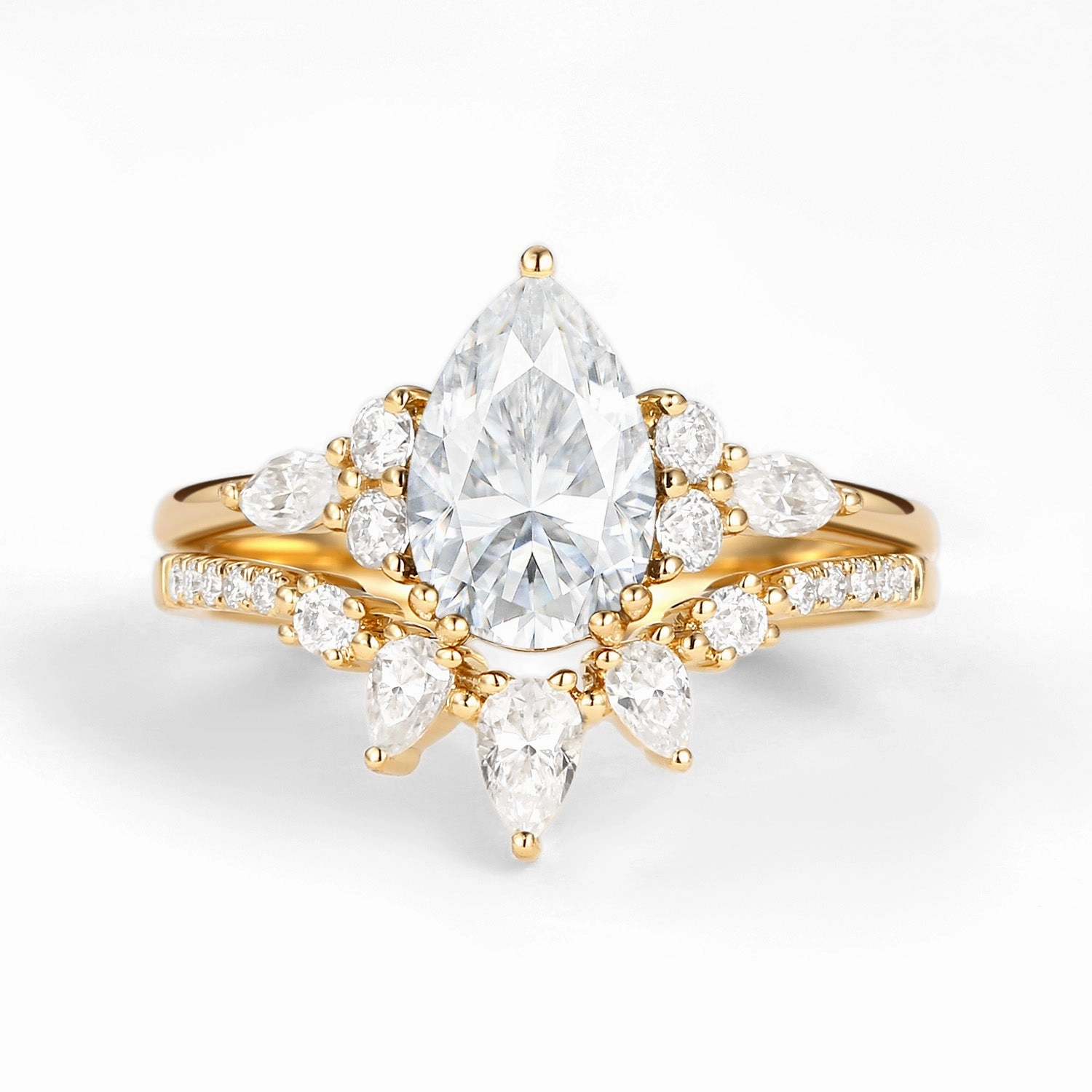 Sophisticated Spark 1.5ct Pear Shaped Moissanite Gold Ring Set 2pcs - Sage