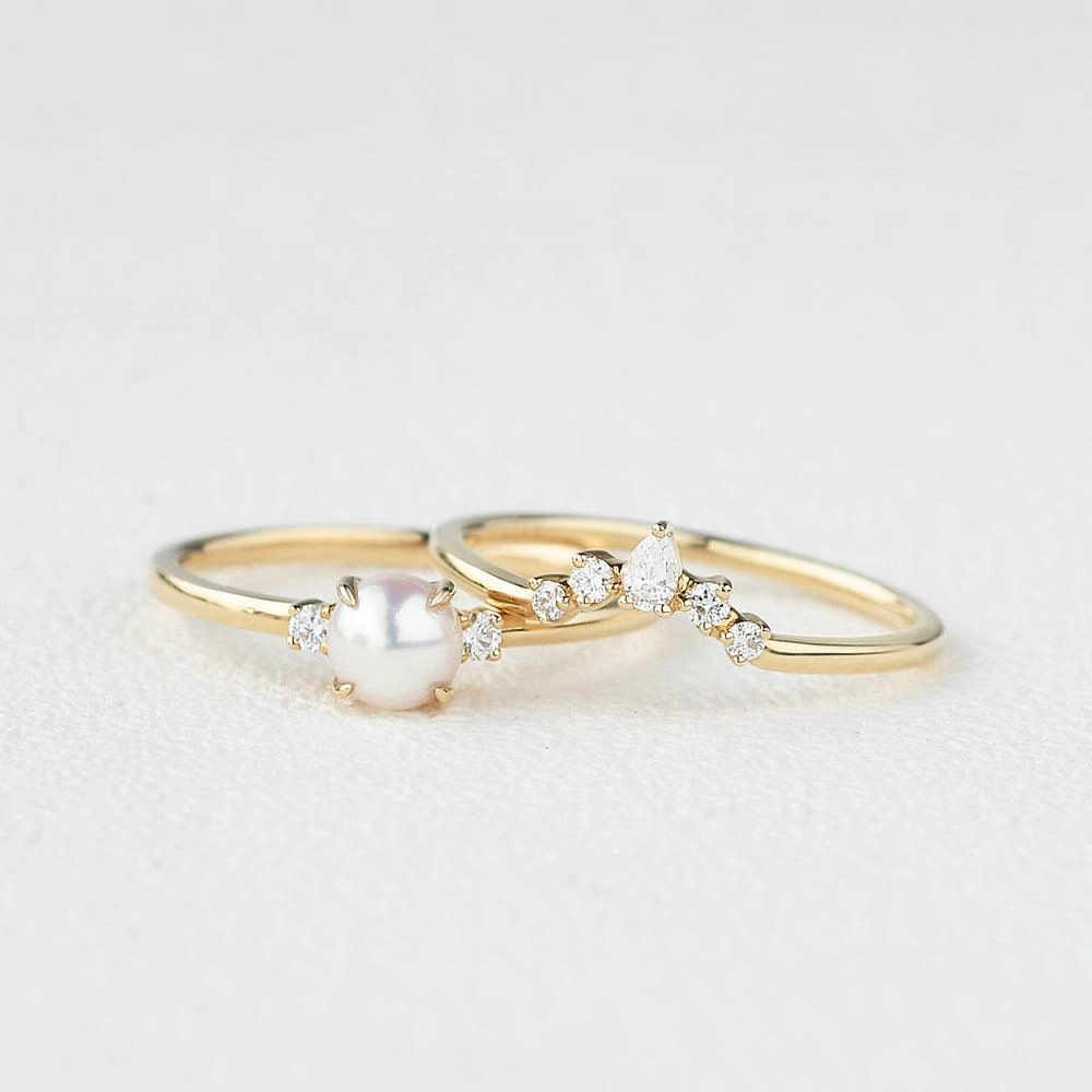 Akoya Pearl & Moissanite Yellow Gold Ring Set 2pcs Elegant Embellishments Graceful Fashion