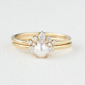 Delicate Piece Akoya Pearl & Moissanite Yellow Gold Ring Set 2pcs