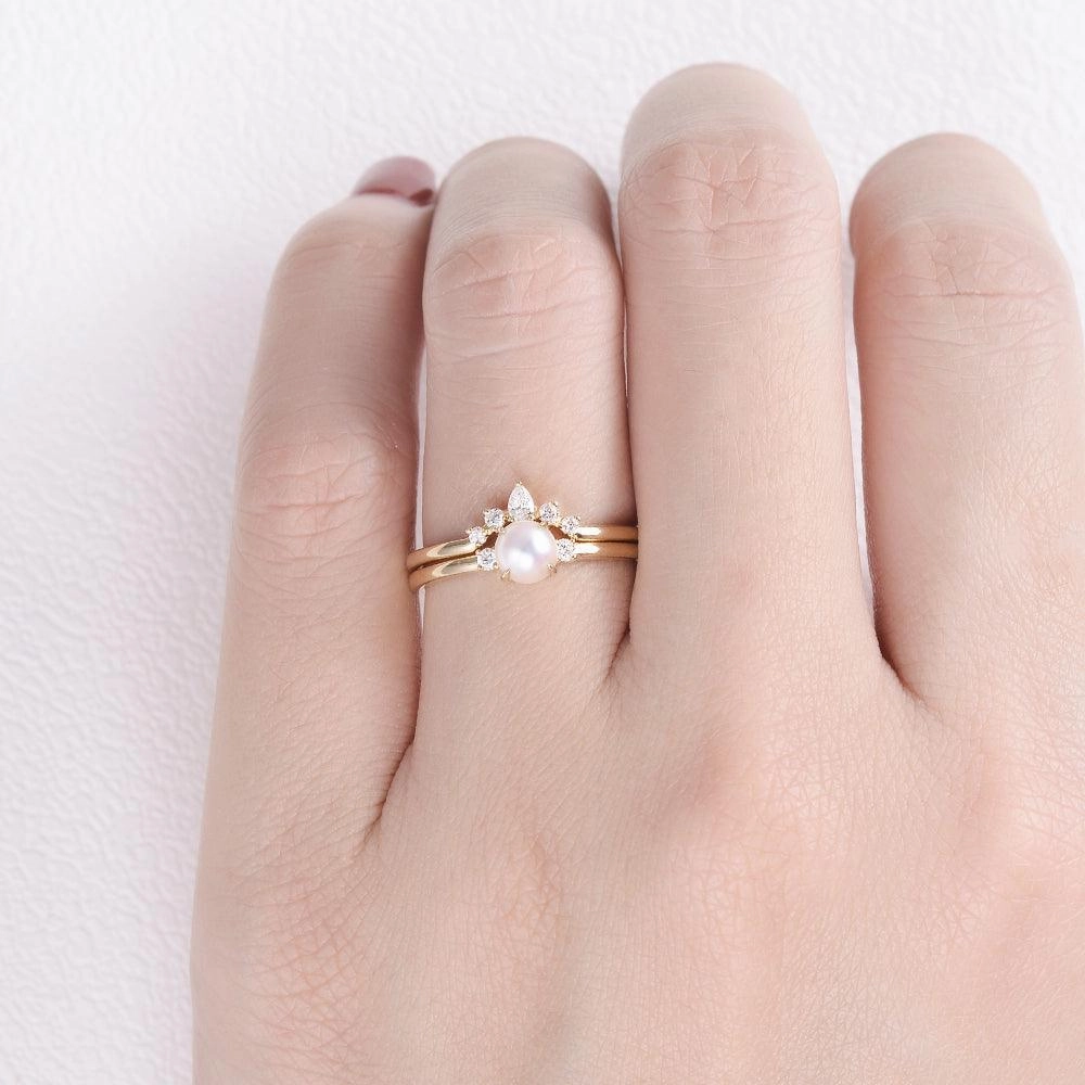 Vibrant Shine Finish Masculine Bold Akoya Pearl & Moissanite Yellow Gold Ring Set 2pcs