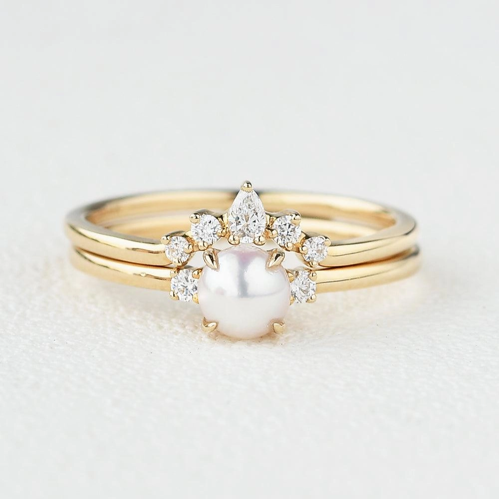 Delicate Piece Akoya Pearl & Moissanite Yellow Gold Ring Set 2pcs