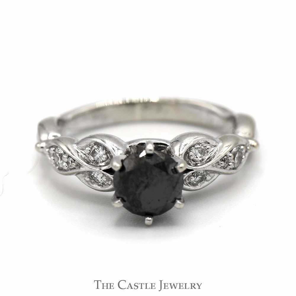 Low-Cost Style Black Diamond Solitaire Engagement Ring with Round Diamond Accents in 10k White Gold Twisted Mounting