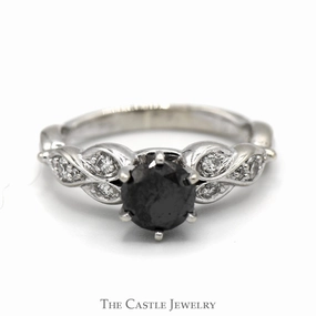 Low-Cost Style Black Diamond Solitaire Engagement Ring with Round Diamond Accents in 10k White Gold Twisted Mounting