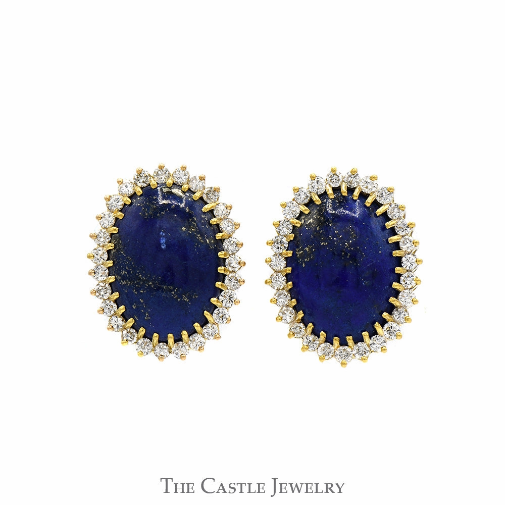 Neutral Accent Oval Blue Lapis Clip On Earrings with 1cttw Diamond Halo Design in 14k Yellow Gold
