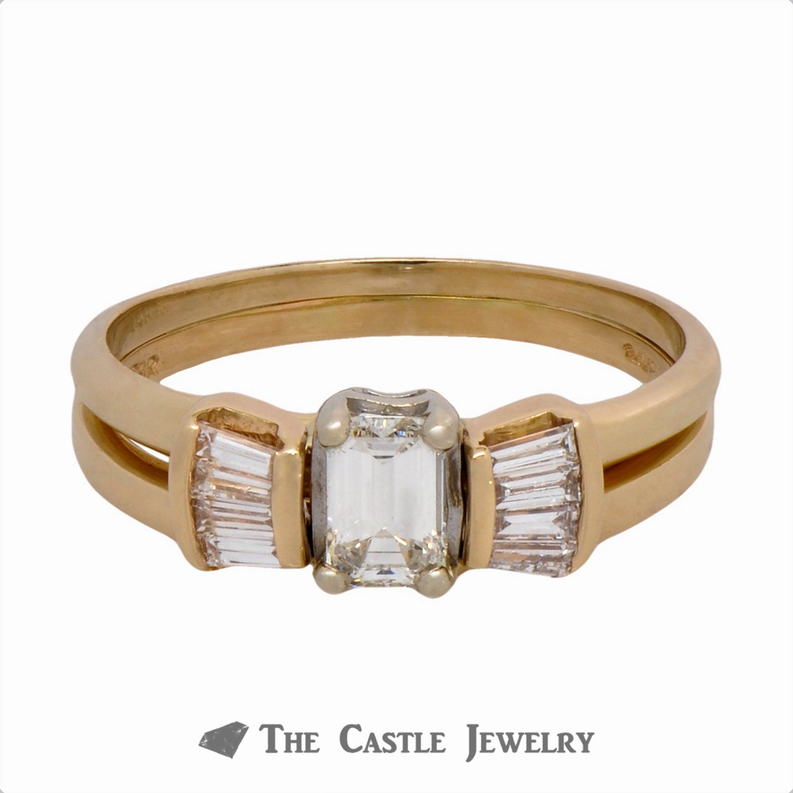 Dashing Accent Special Treat Emerald Cut Bridal Set with Baguette Accents Crafted in 14k Yellow Gold