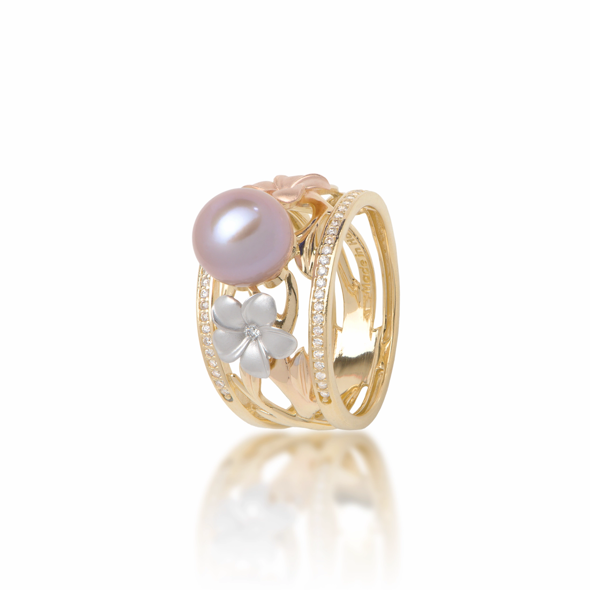 Pearls in Bloom Plumeria Lavender Freshwater Pearl Ring in Tri Color Gold with Diamonds - 12mm Timeless Spark Cool Detail