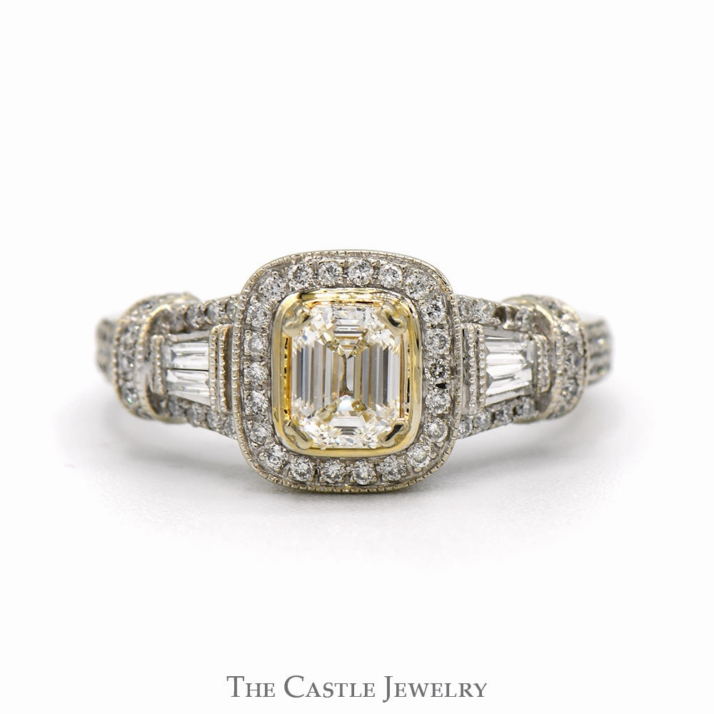 Emerald Cut Diamond Engagement Ring with Diamond Halo and Baguette & Round Diamond Accents in 14k White Gold Beautiful Statement