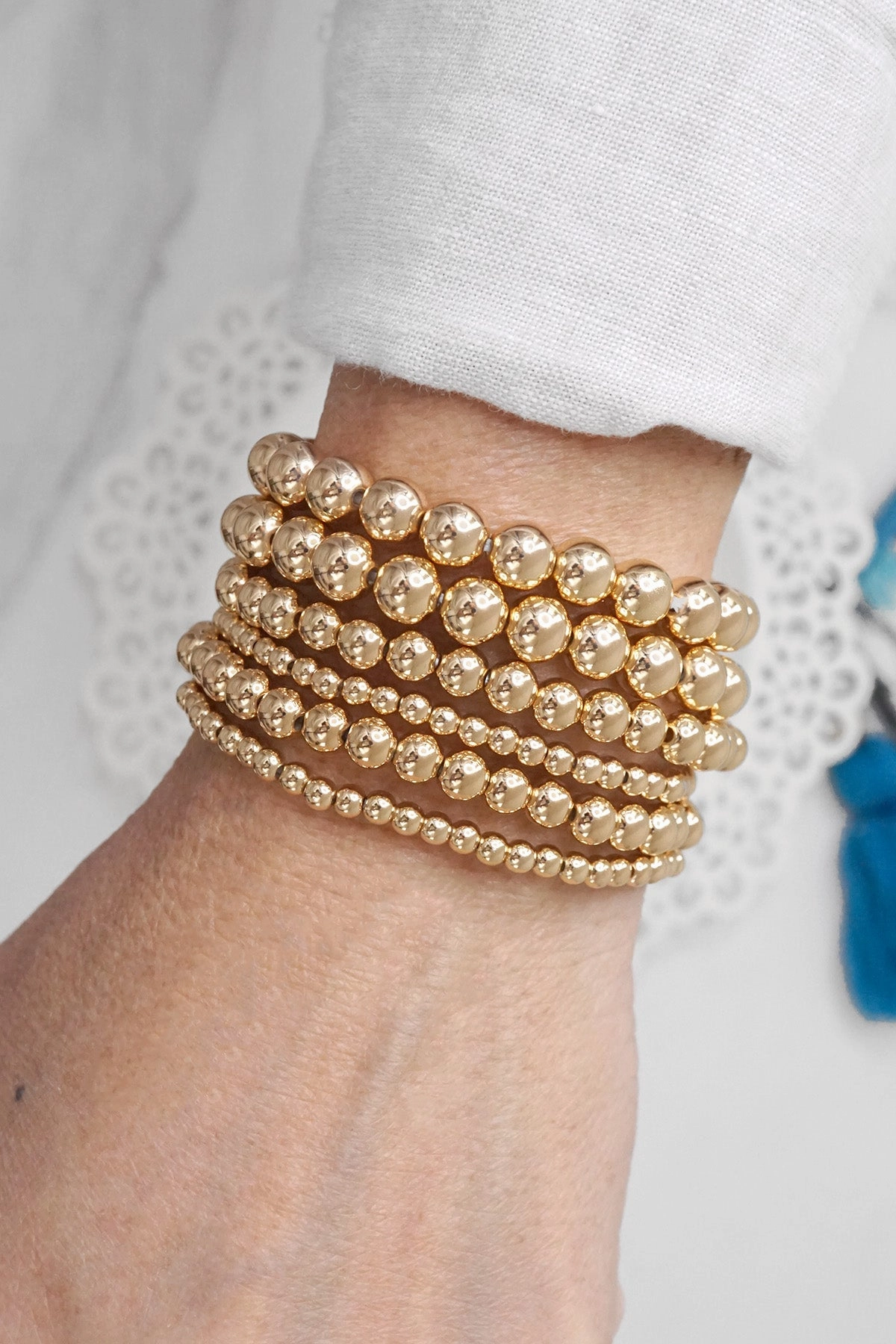 Multi size ball beaded bracelet stack gold tone bracelets Honored Amalgamations Beneficial Combinations