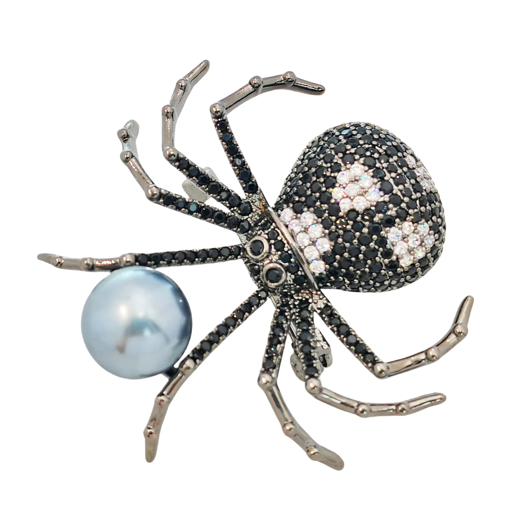 Spider Brooch with Black and White Body and Simulated Zircon in Paving Setting with Faux Pearl – Lifelike Insect Animal Brooch for Women