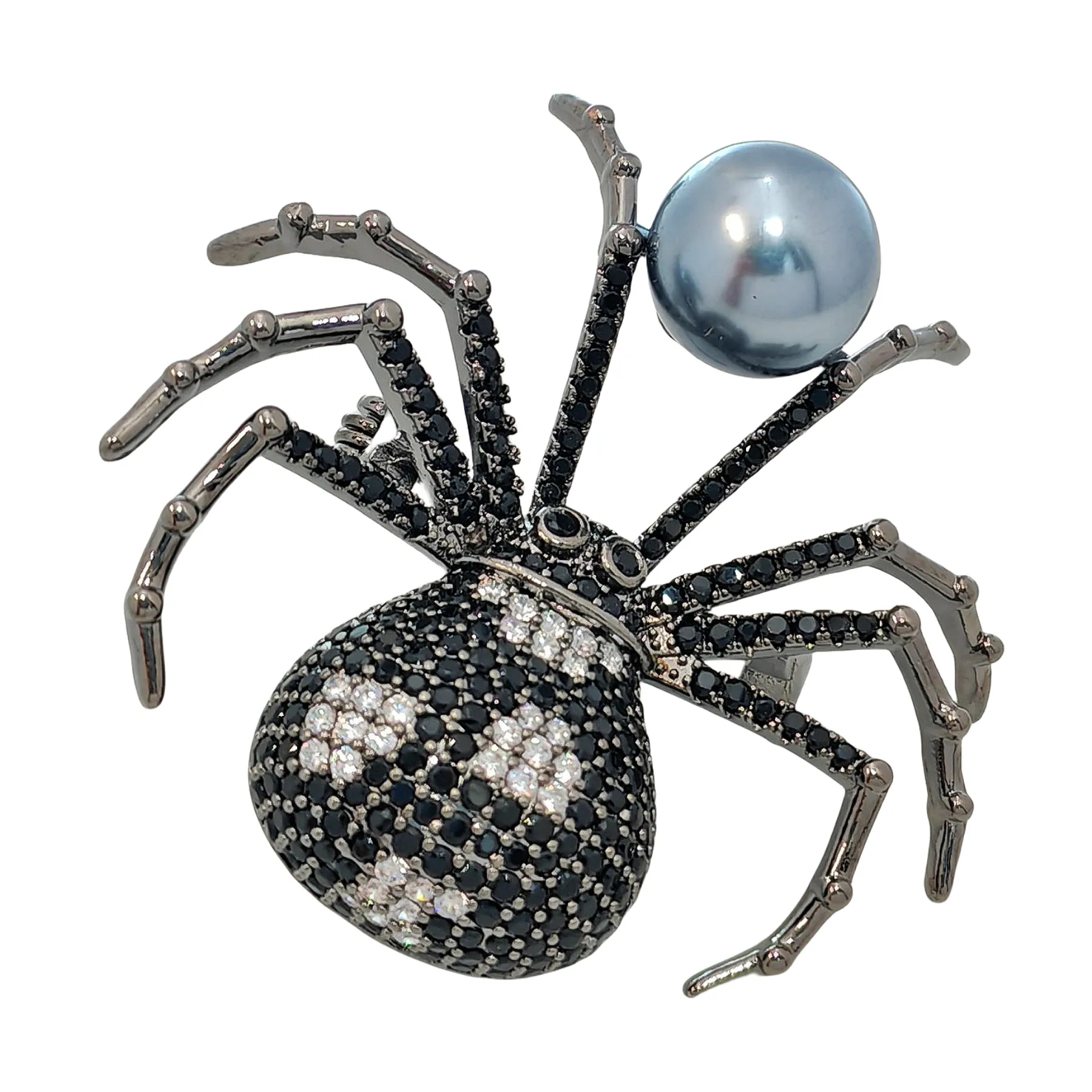 Spider Brooch with Black and White Body and Simulated Zircon in Paving Setting with Faux Pearl – Lifelike Insect Animal Brooch for Women
