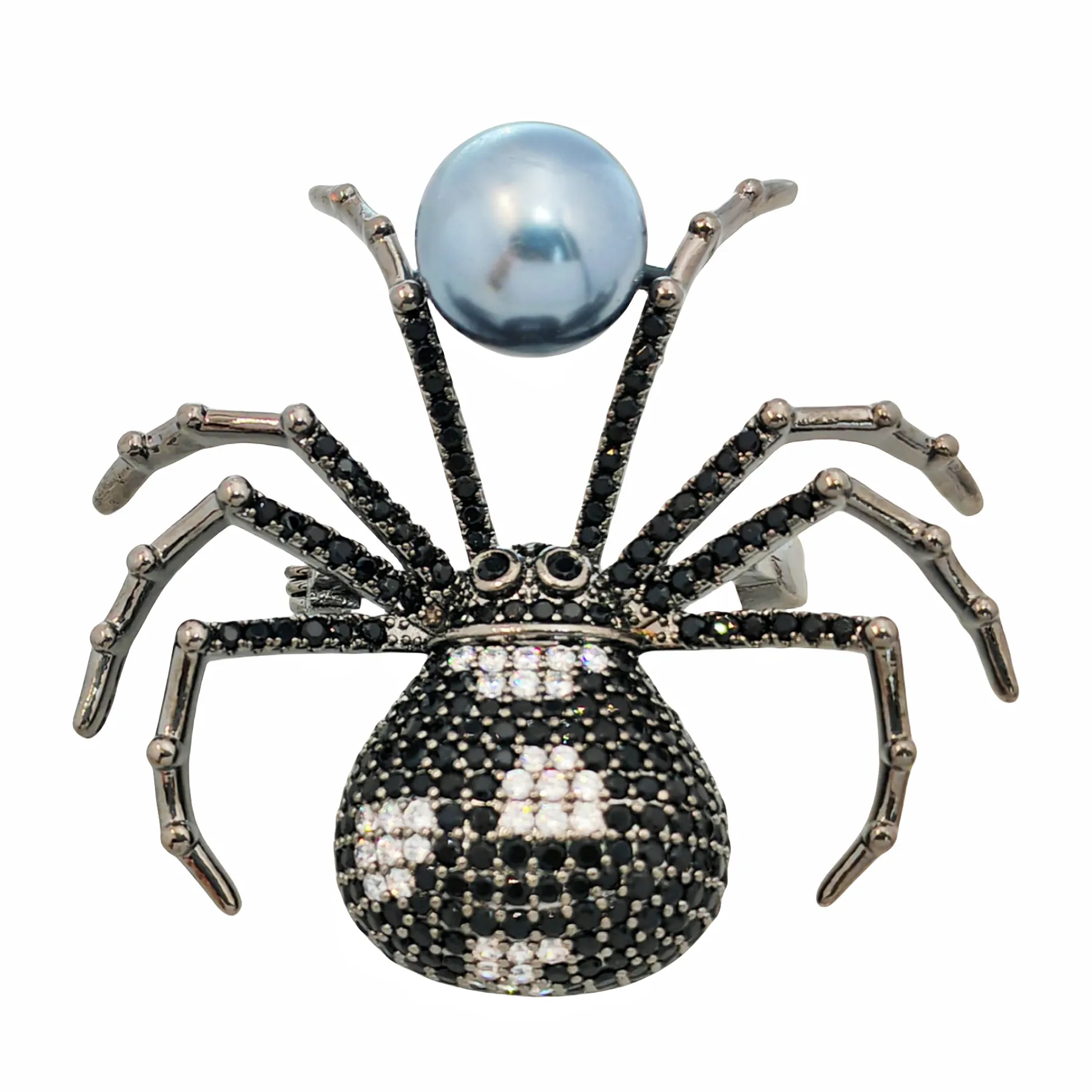 Spider Brooch with Black and White Body and Simulated Zircon in Paving Setting with Faux Pearl – Lifelike Insect Animal Brooch for Women