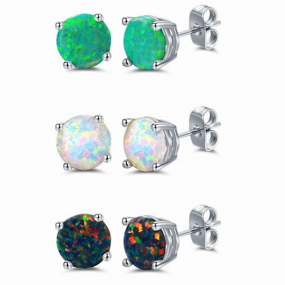 Festive Adornment 18K White Gold Plated Colorful Opal Studs - 3pc Set